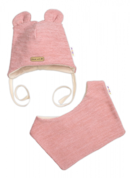 Pletená čepice s bavlněnou podšívkou a šátkem 2v1, Teddy Hand made - rúžová, 68/74