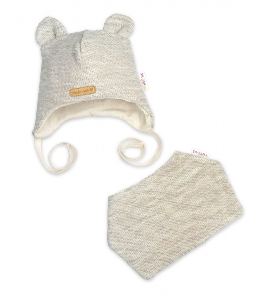 Pletená čepice s bavlněnou podšívkou a šátkem 2v1, Teddy Hand made - svetlo béžová, 80/86