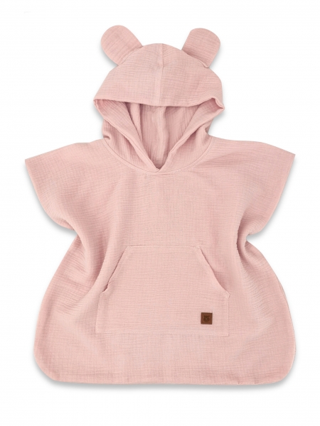 Detské mušelínové pončo lux s kapucňou Teddy, rýchloschnúci, pudrovo ružové, 110/122
