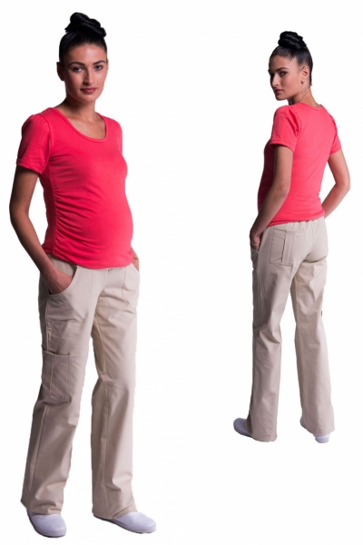 Tehotenské nohavice s bočným vreckom - tm. béžová