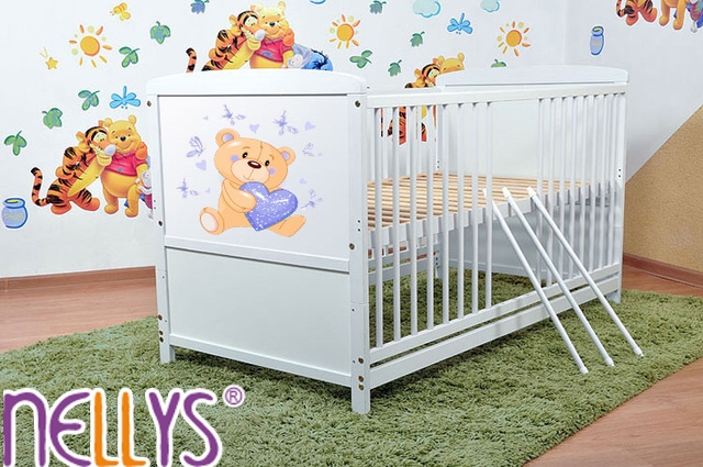 Drevená postieľka Nellys biela - Míša srdiečko modré (ROZMER: 120X60, FARBA: BIELA S MíšOM SRDIEčKOM)