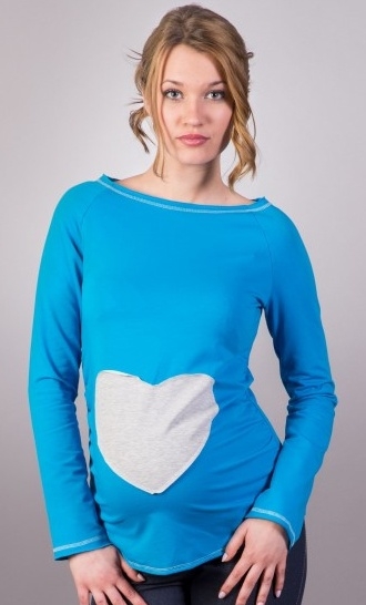 Be MaaMaa Tehotenské tričko / blúzka SRDCE dl. rukáv - modré-#Velikosti těh. moda;XS/L
