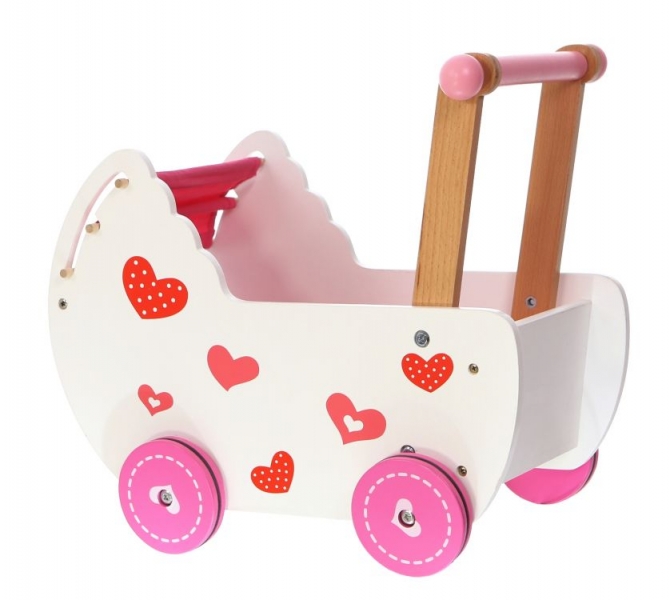 Drevený kočík pre bábiky ECO TOYS - ružový (K.:2150, FARBA: RUžOVO/BIELA)