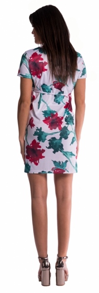 Tehotenské šaty s viazaním s kvetinovou potlačou - červené