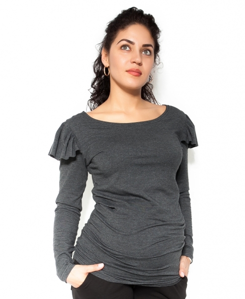 Tehotenské tričko dlhý rukáv FANNY s volánikom - tm. sivé