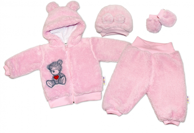 Baby Nellys Chlupáčkový komplet 5-ti dílný komplet Teddy vel. 80 - růžový