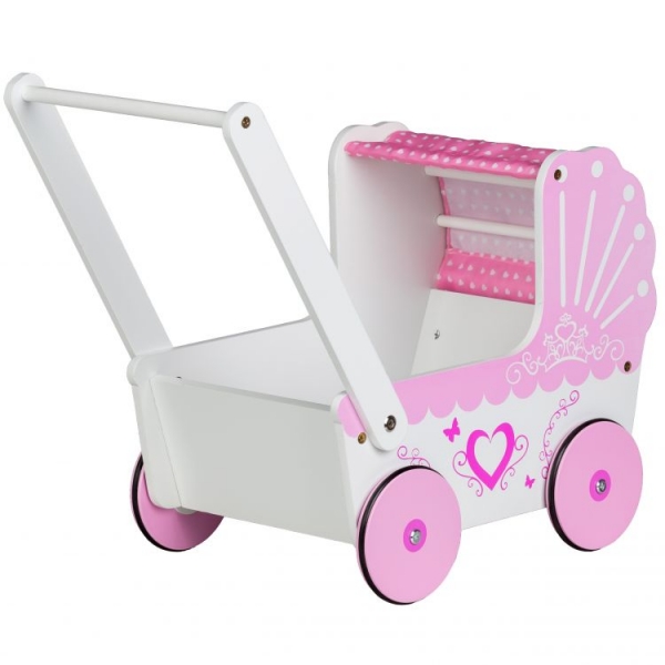 Eco toys Drevený kočík pre bábiky SRDIEČKO - ružový