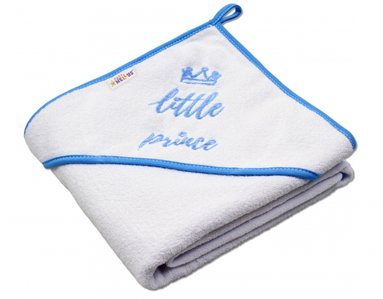 Baby Nellys Detská termoosuška Little prince s kapucňou, 80 x 80 cm - biela, modrý lem