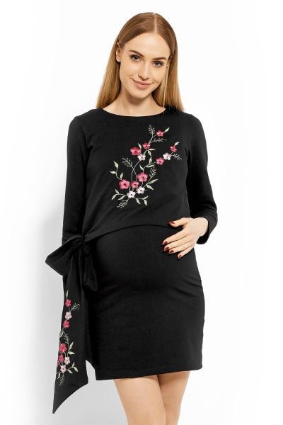 Elegantné tehotenské šaty, tunika s výšivkou a stuhou - čierne (dojčiace) veľ. XXL
