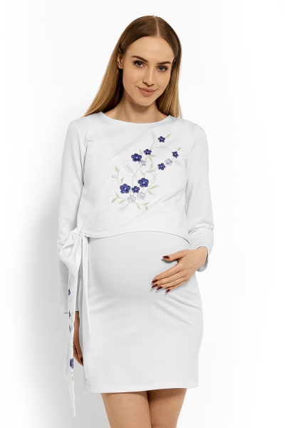 Be MaaMaa Elegantné tehotenské šaty, tunika s výšivkou a stuhou, XXL - biele (dojčiace)-#Velikosti těh. moda;XXL (44)