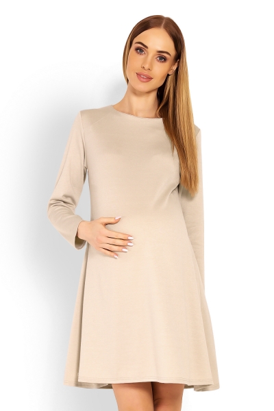 Be MaaMaa Elegantné voľné tehotenské šaty dl. rukáv - béžové-#Velikosti těh. moda;S/M