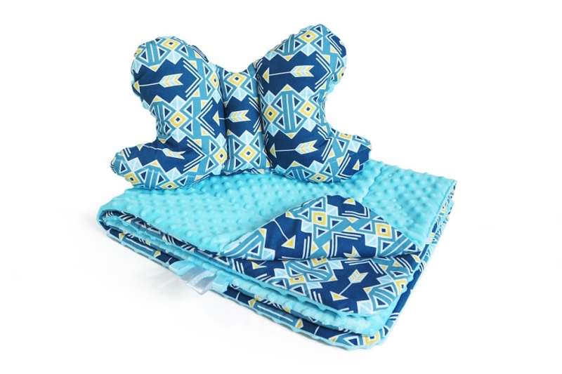 Baby Nellys 2-dielna Súprava do kočíka s Minky s motýlikom - geometrie, Minky - sv. modrá