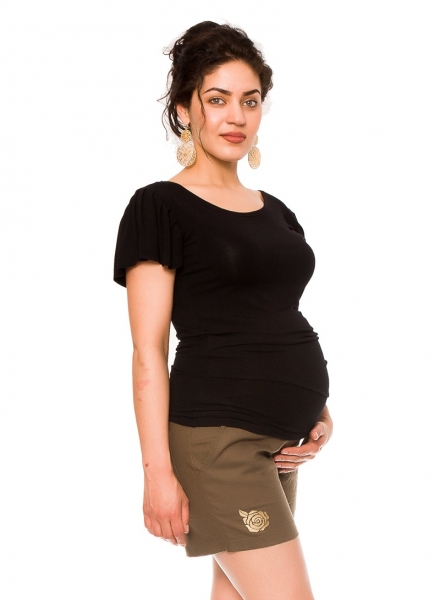 Be MaaMaa Tehotenské lnené kraťasy s růžičkou - khaki, vel´. L-#Velikosti těh. moda;L (40)