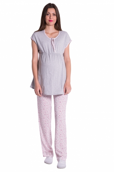 Be MaaMaa Tehotenské, dojčiace pyžamo kvetinky - šedá/růžová, vel´.XL-#Velikosti těh. moda;XL (42)