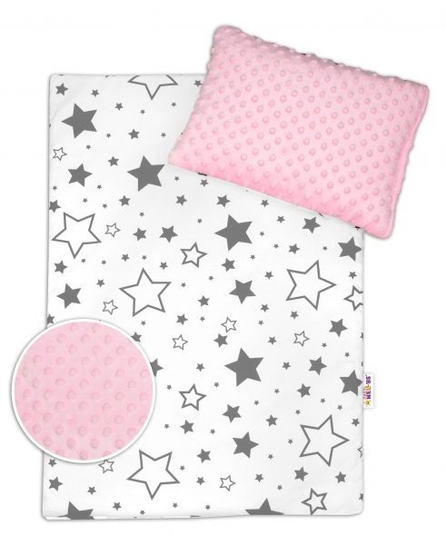 Baby Nellys 2-dielna sada do kočíka s Minky - Sivé hviezdy a hviezdičky / Minky ružová