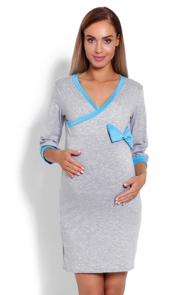 Be MaaMaa Pohodlná tehotenská, dojčiaca nočná košeľa s mašľou - šedá, veľ. L/XL, B19 (FARBA: ŠEDá,)