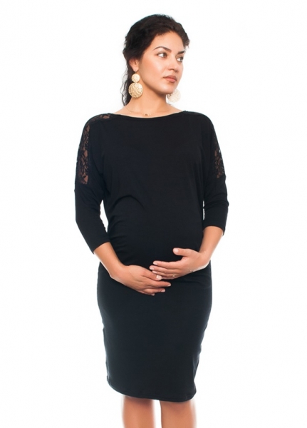 Elegantné tehotenské šaty s čipkou - čierne