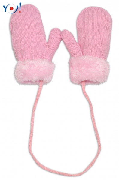 YO! Zimné dojčenské rukavičky s kožúškom -so šnúrkou YO-sv. ružové/ružový kožúšok, veľ.110