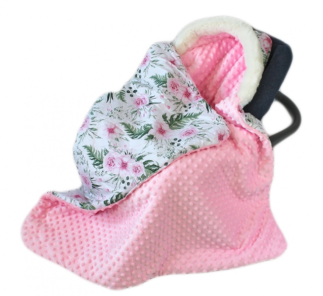 Baby Nellys Bavlnená obojstranná deka 3v1 s minky a kožušinkou, 90x90 cm, kvetinky pink