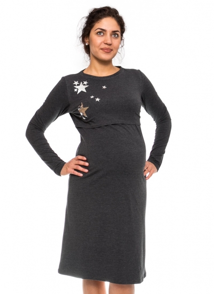 Be MaaMaa Tehotenská, dojčiaca nočná košeľa Stars - grafit, L/XL, B19-#Velikosti těh. moda;L/XL