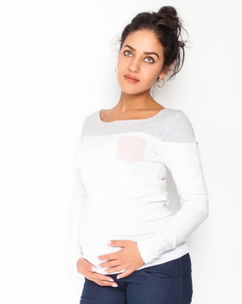 Be MaaMaa Tehotenské tričko / blúzka dlhý rukáv Anna, veľ. M - bílé/sivý melír-#Velikosti těh. moda;M (38)
