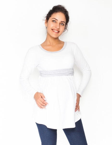 Be MaaMaa Tehotenská tunika s opaskom, dlhý rukáv Amina - biela /pásik sivý-#Velikosti těh. moda;XS (32-34)