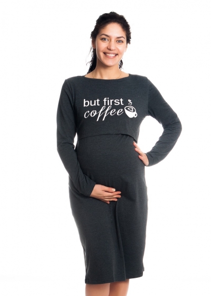 Be MaaMaa Tehotenská, dojčiaca nočná košeľa But First Coffee - grafit, veľ. L/XL, B19 (FARBA: GRAFIT,)