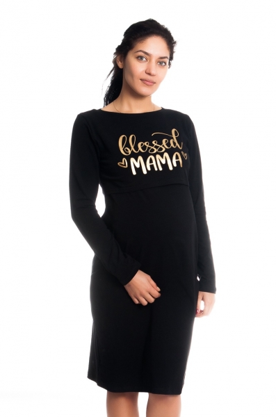 Be MaaMaa Tehotenská, dojčiaca nočná košeľa Blessed Mama - čierna, B19 (FARBA: čIERNA, VEľ. S/M, DL.)