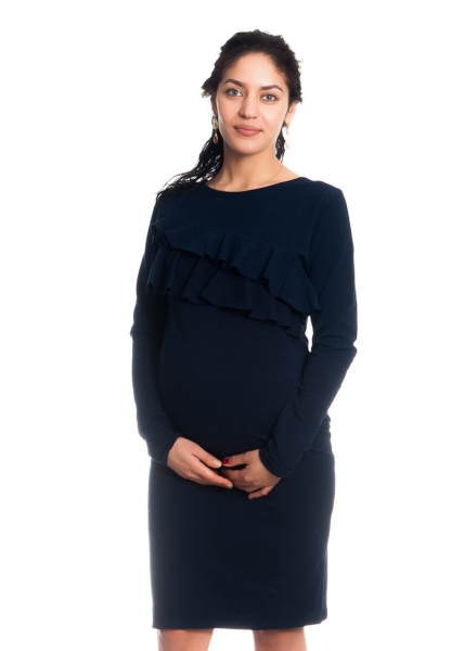 Be MaaMaa Tehotenské / dojčiace šaty z volánkom, dlhý rukáv - granátové-#Velikosti těh. moda;XS (32-34)