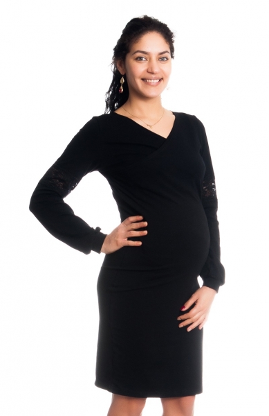 Be MaaMaa Tehotenské / dojčiace šaty Kristýna, dlhý rukáv zdobený čipkou - čierne, veľ. M
